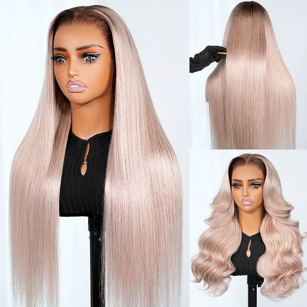 Ash Blonde Ombre Glueless Wigs Silky Straight With Drawstring Hair Wig