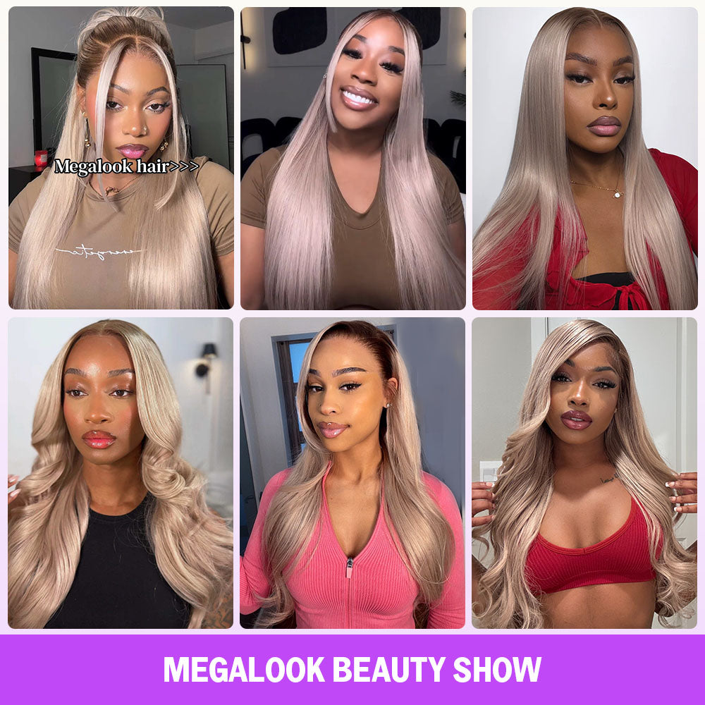 Ash Blonde Ombre Glueless Wigs Silky Straight With Drawstring Hair Wig