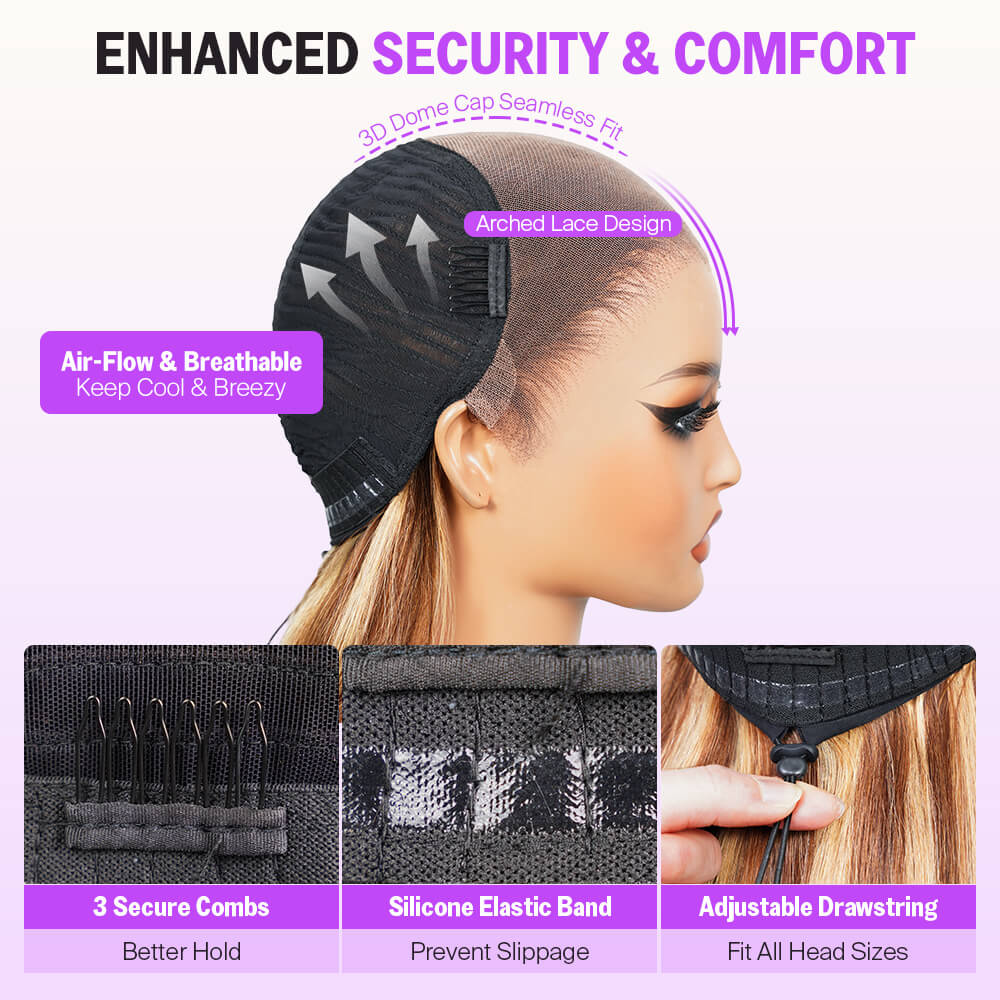 Highlight Honey Blonde Glueless Wigs Silky Straight With Drawstring Hair Wig