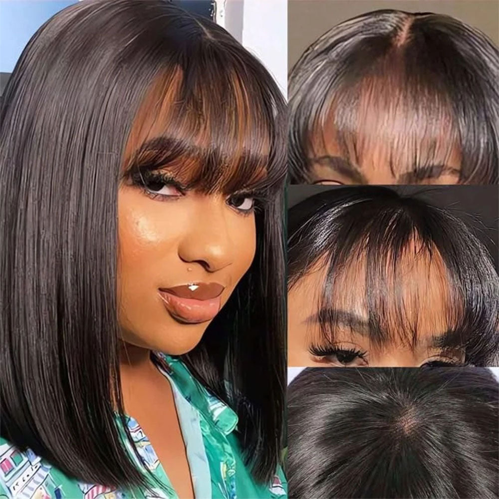 6 inch Deep Part Straight Bob Black Wig With Bangs Human Hair Glueless Wig
