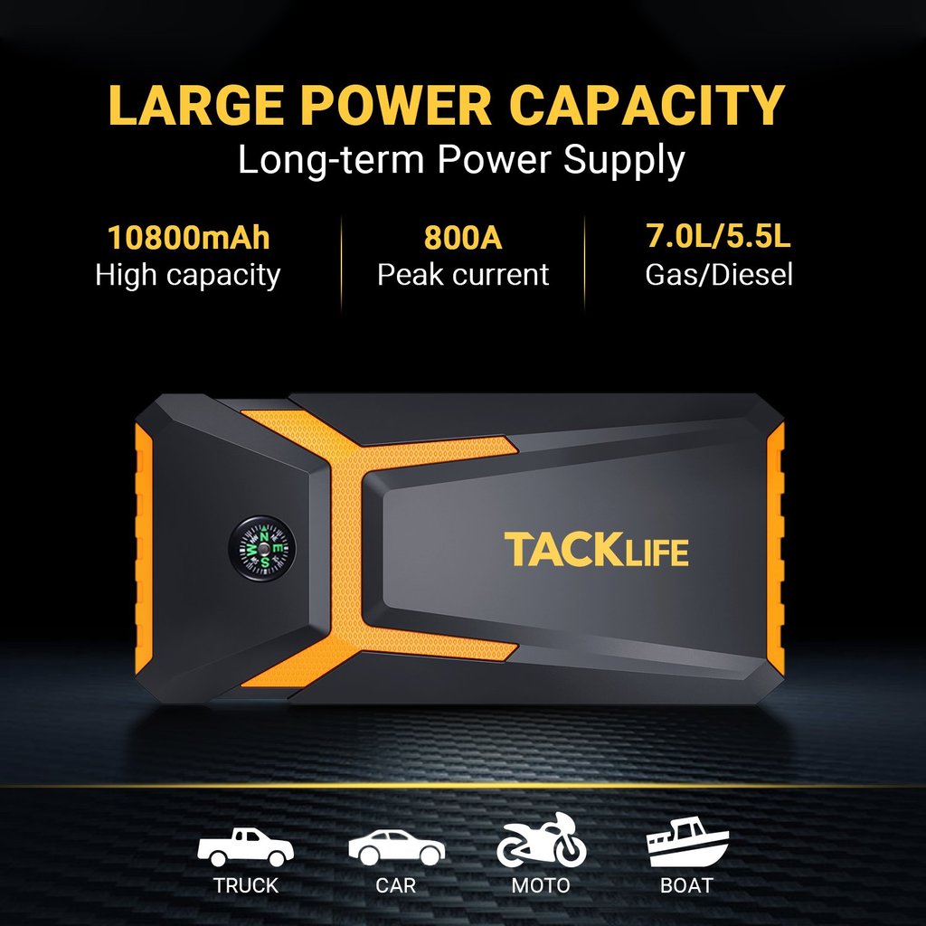 TACKLIFE T8 Car Jump Starter 800A 18000mAh for 7.0L Gas & 5.5L Diesel, 12V Battery Booster with Quick Charge & Safety Features