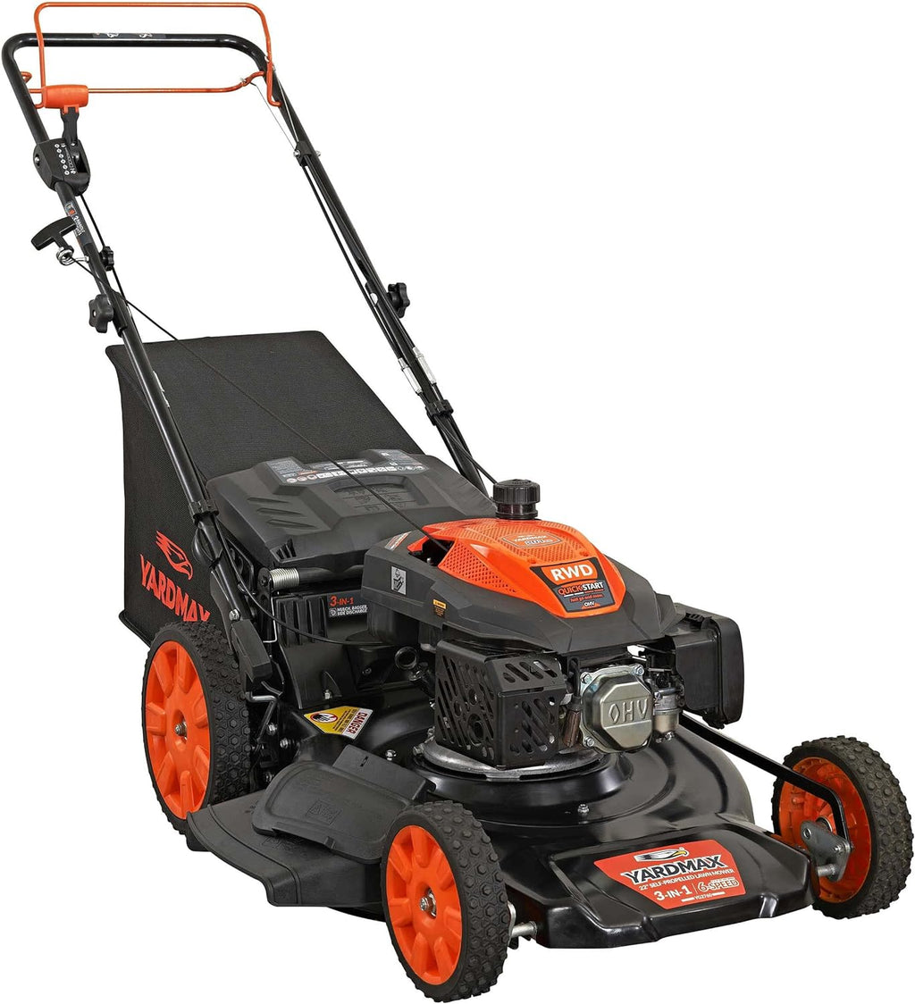 YARDMAX 22" Gas Self-Propelled Lawn Mower, 201cc, 6-Speed CVT, High Wheel RWD, 3-in-1, Black