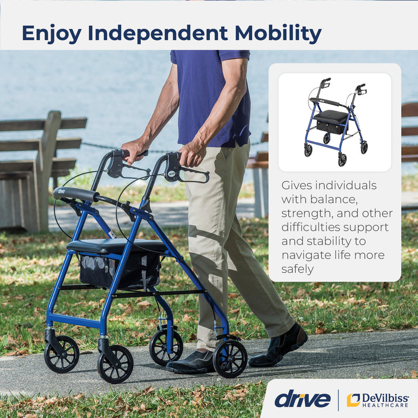Drive Medical 4-Wheel Rollator Walker, Foldable, Padded Seat & Backrest, 6-Inch Wheels, Blue