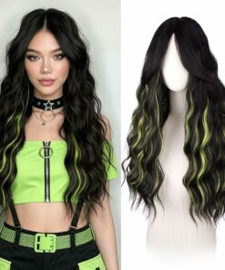 Black Mixed Green Long Wavy Hair Wig BE10