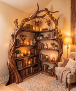 Tree Branch Corner Bookshelf in Solid Wood, Tall Display Shelf