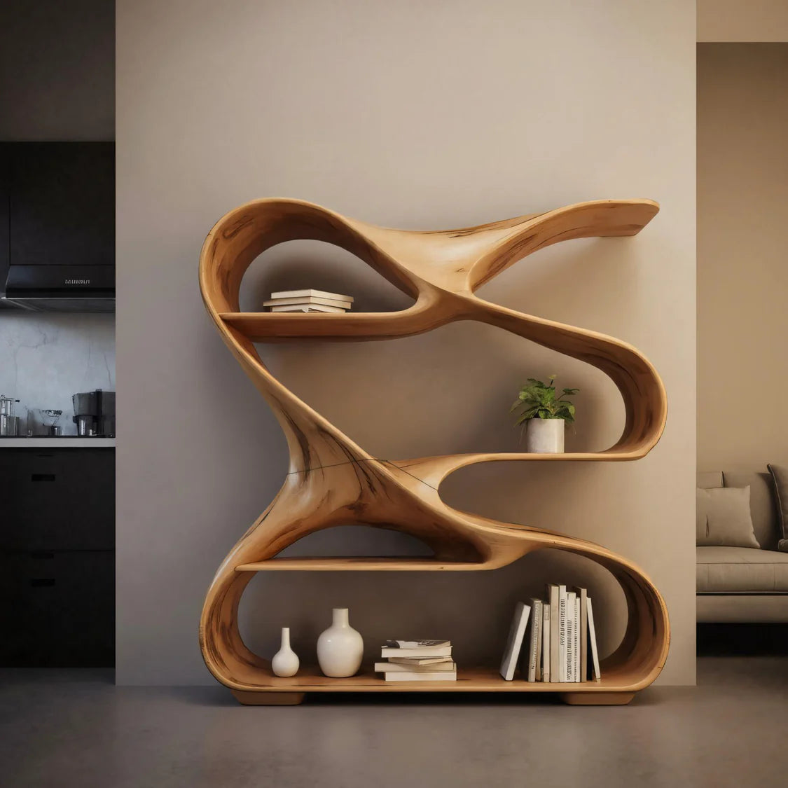 Modern Freeform Sculptural Wood Bookshelf for Office Display - Image 3