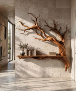 Rustic Solid Wood Slab Wall Shelf with Tree Branch Accent