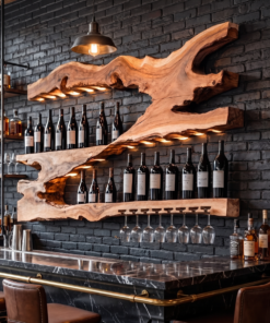 Mid-Century Monkeypod Wood Wall Wine Rack with Minimalist Shelf