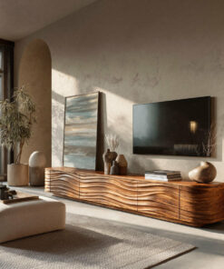 Low Solid Wood TV Stand with Carved Wave Front Doors