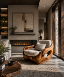 Carved Solid Wood Lounge Chair with Open Frame and Cushions