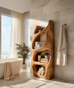 Hand-Carved Sculptural Solid Wood Bathroom Towel Shelf