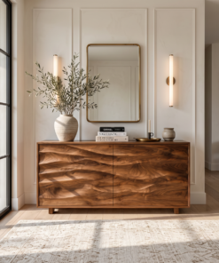 Wave Carved Solid Wood Sideboard with Sculpted Front Panels