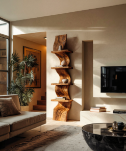 Curved Wave Solid Wood Floating Shelf with Central Spine