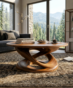 Round Solid Wood Coffee Table with Twisted Sculptural Pedestal