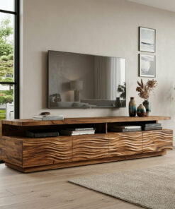 Solid Wood TV Stand with Wave Carved Storage Cabinets
