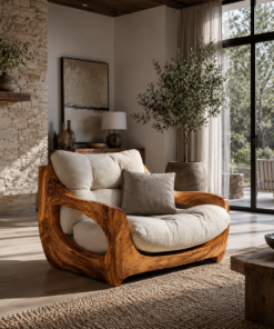 Modern Organic Carved Solid Wood Lounge Chair, No Cushions