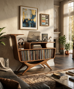Modern Open Frame Solid Wood Record Player Stand with Vinyl Storage