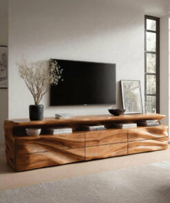 Sculptural Solid Wood TV Console with Shelf and Drawers