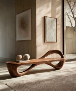 Sculptural Solid Wood Bench with Open Cut-Out Base for Living Room