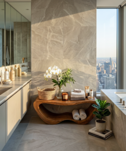 Solid Wood Organic Shower Bench with Open Towel Storage