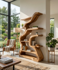 Organic Freestanding Solid Wood Bookshelf with Fluid Curves