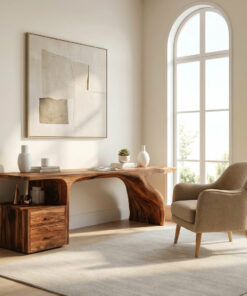 Live Edge Solid Wood Waterfall Desk with Matching Drawer Unit