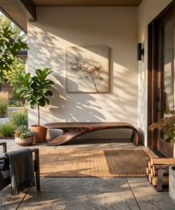Modern Sculptural Solid Wood Bench with Flowing Curved Base