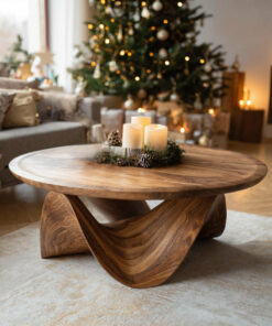 Solid Wood Round Coffee Table with Sculptural Curved Base