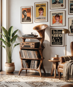 Mid-Century Solid Hardwood Vinyl Record Cabinet with Cube Profile