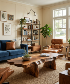 Live Edge Slab Coffee Table with Twin Sculptural Pedestal Bases