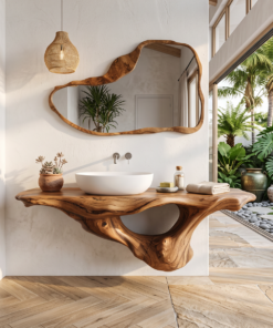 Live Edge Solid Wood Bathroom Vanity Shelf with PU Finish