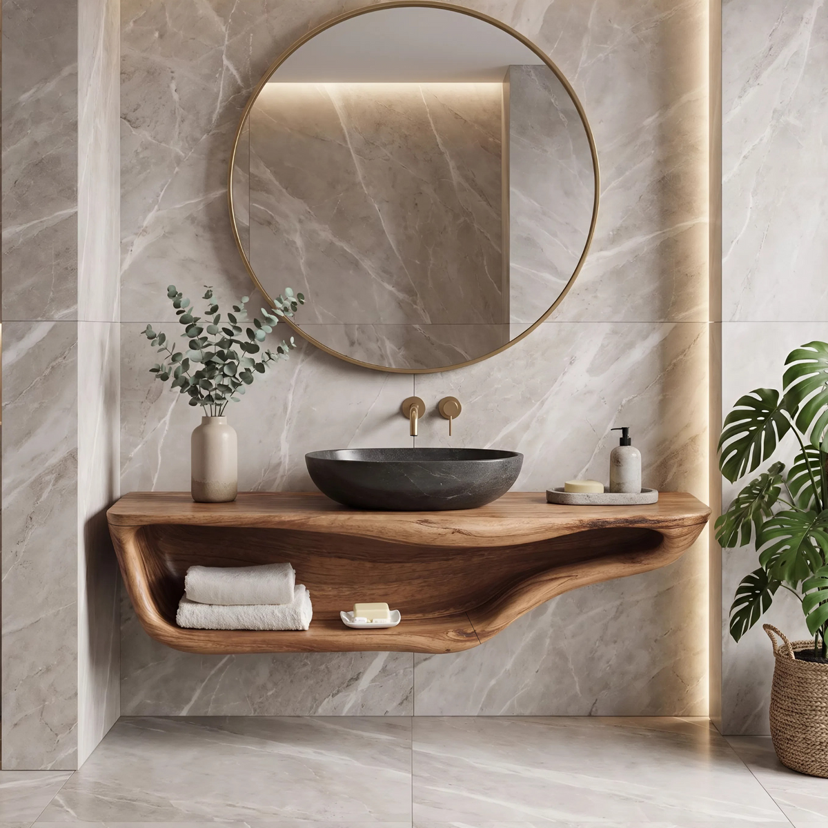 Live Edge Wood Vanity Countertop Shelf for Custom Bathrooms