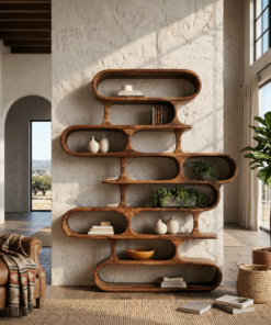 Curved Organic Solid Wood Bookshelf for Living Room or Office