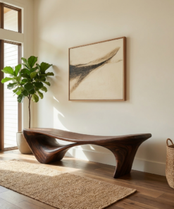 Wave-Form Sculptural Solid Wood Bench for Entryway or Living Room
