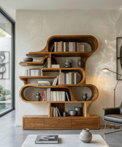 Curved Sculptural Solid Wood Bookshelf with Layered Shelves