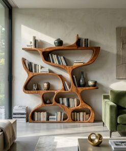 Organic Carved Solid Wood Bookshelf with Open Compartments