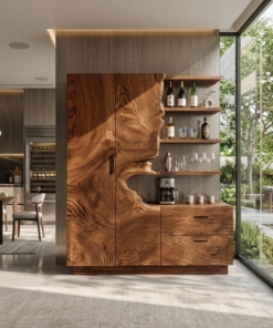 Carved Solid Wood Bar Cabinet with Wine Storage
