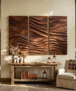 Hand-Carved Hardwood Wave Wall Sculpture for Entryway