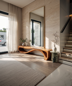 Sculptural Solid Wood Bench with Wave Base for Entryway