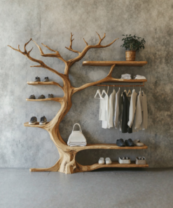 Rustic Tree Branch Coat Rack and Shoe Stand in Natural Wood