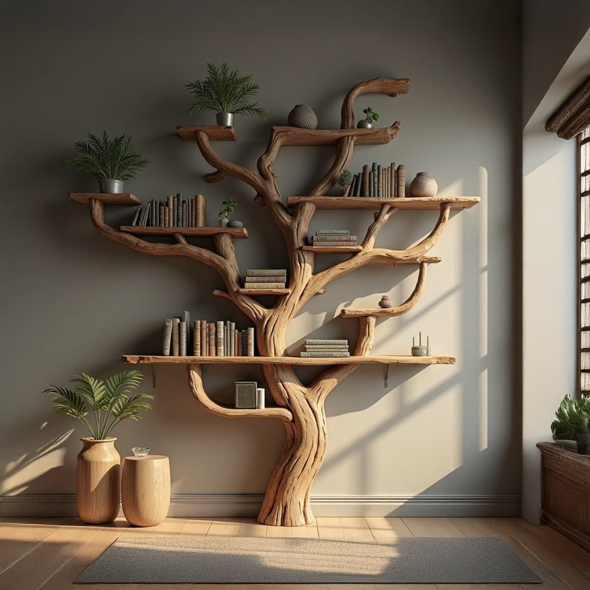 Wall Mounted Tree Branch Corner Bookshelf in Natural Wood