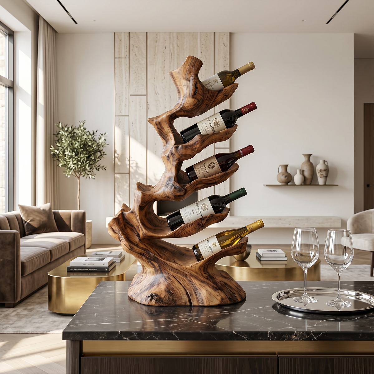 Freestanding Monkeypod Wood Wine Stand for Counter or Floor