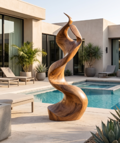 Large Solid Wood Abstract Sculpture with Flame-Inspired Curves