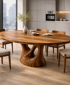 Farmhouse Solid Wood Dining Table with Sculptural Curved Pedestal