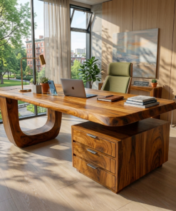 Minimalist Solid Wood Desk with Drawers and Curved Base