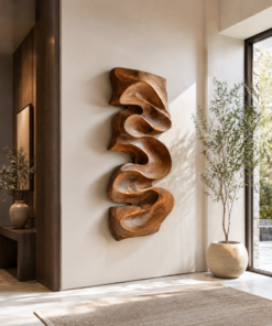 Carved Solid Wood Wall Art Panel with Cascading Curves