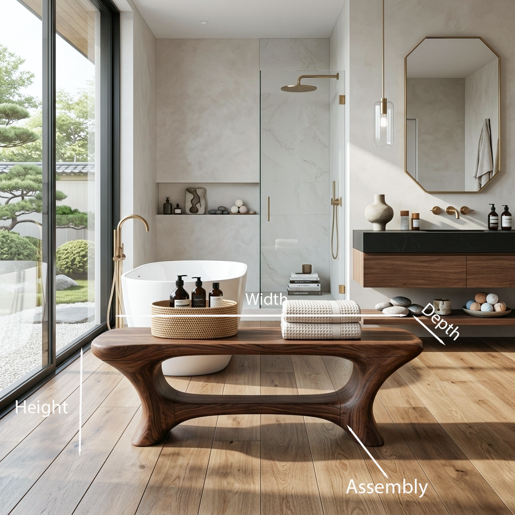 Sculpted Solid Wood Bathroom Bench with Center Shelf - Image 8