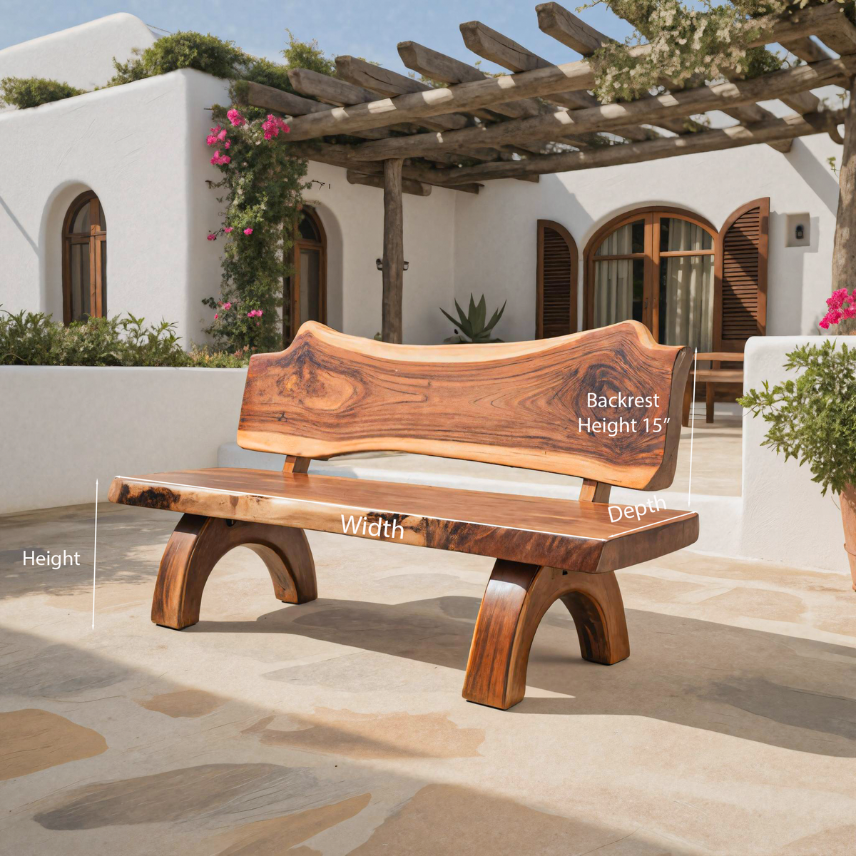 Rustic Live Edge Solid Wood Bench with Backrest for Patio - Image 8