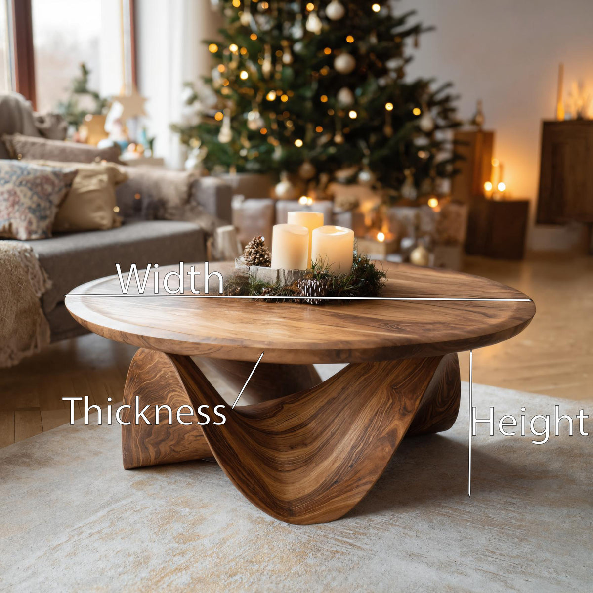 Round Solid Wood Coffee Table with Flowing Sculptural Base - Image 8