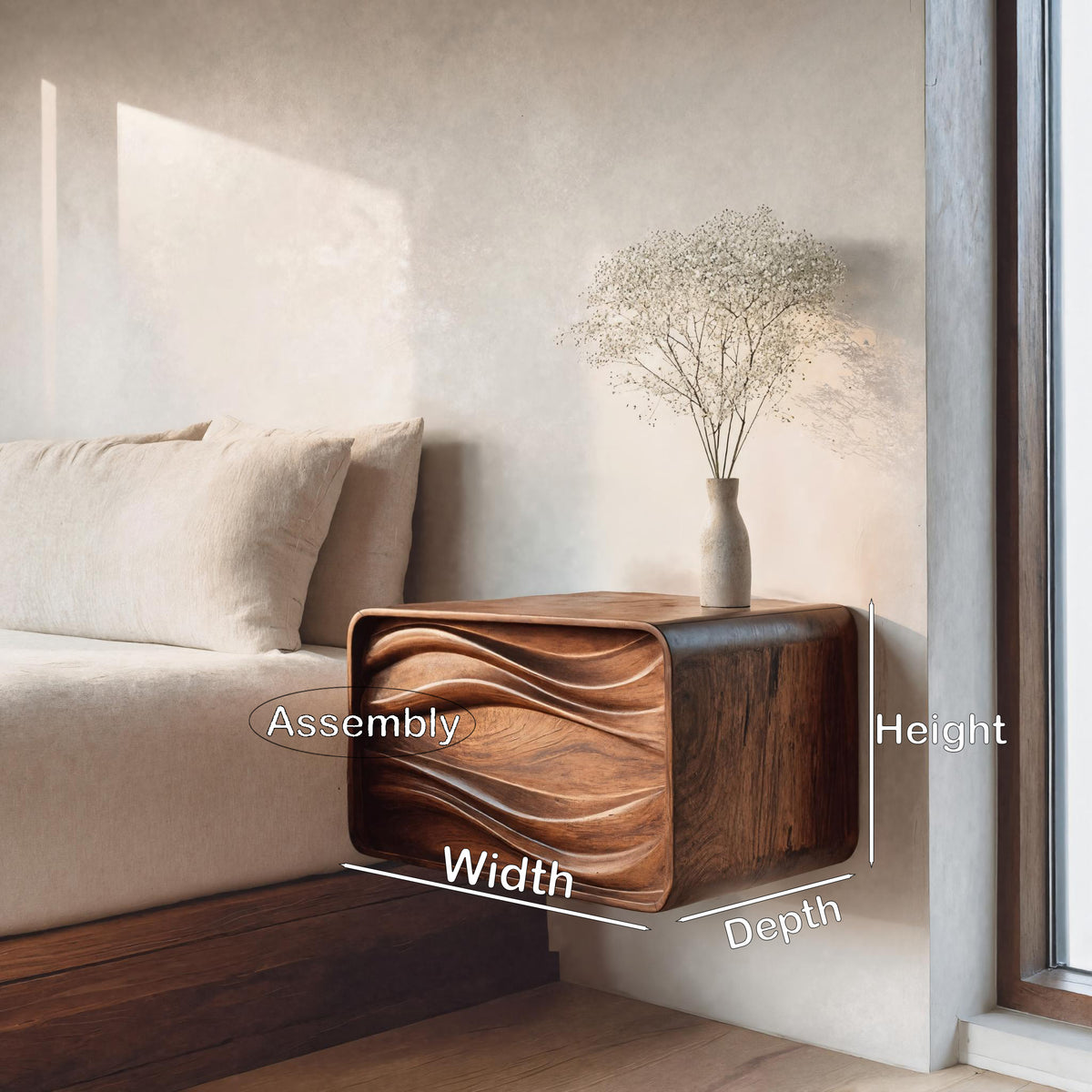 Floating Wall Mounted Nightstand with Carved Wave Drawer - Image 8